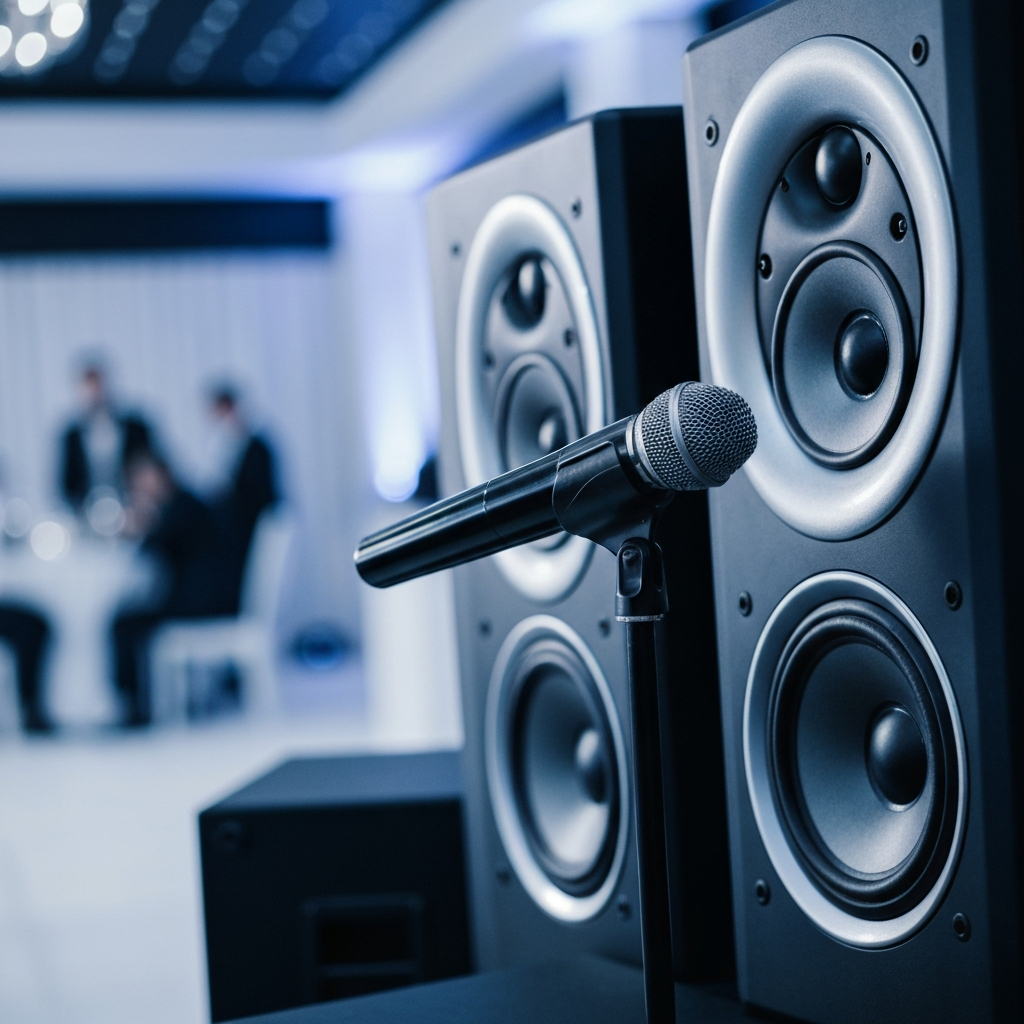 Microphone in front of professional speakers